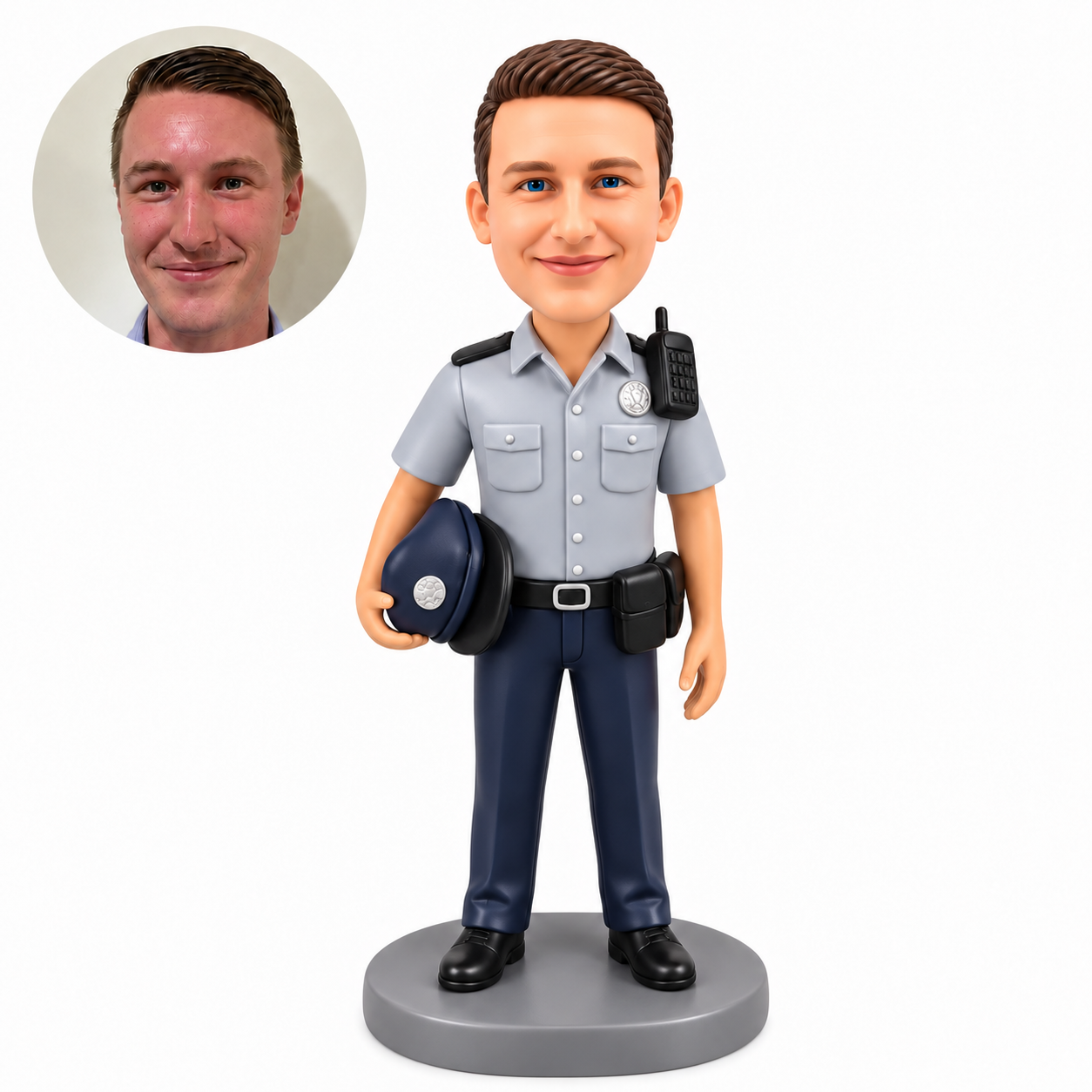custom bobblehead figure male policeman holding his cap at his right hip with his left arm down