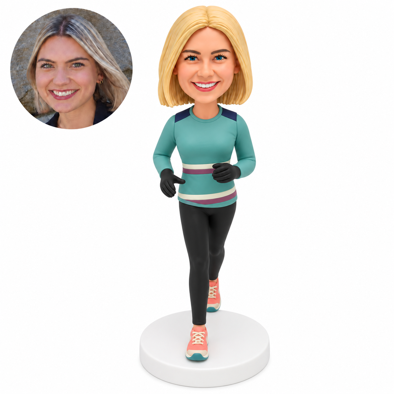 custom bobblehead figure female jogger in a long sleeve top and leggings with black gloves