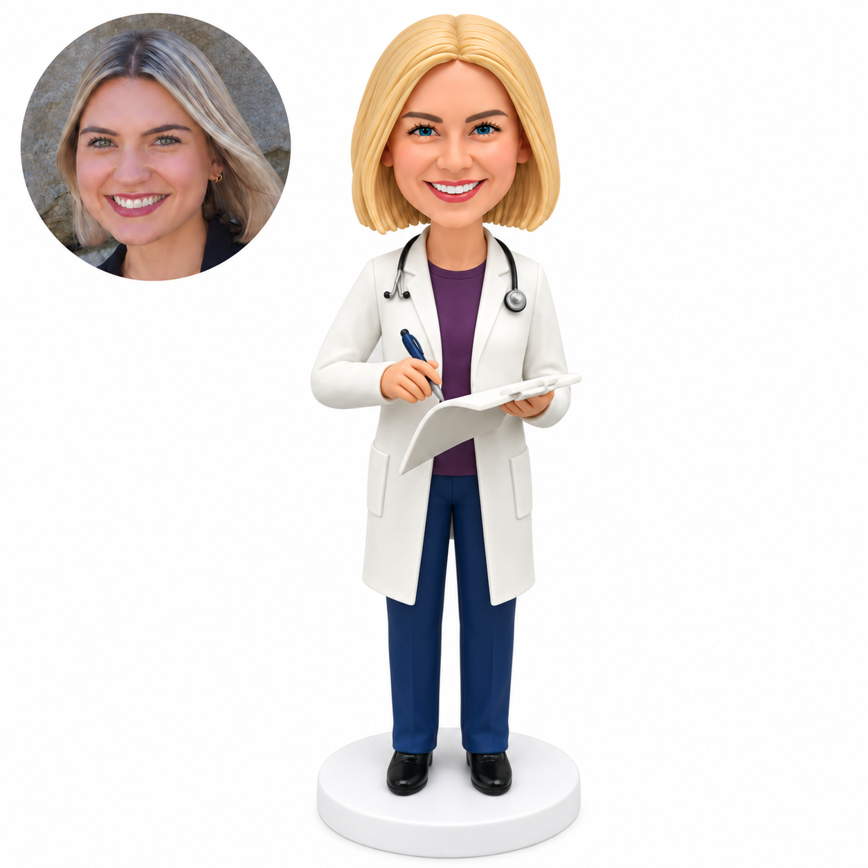 custom bobblehead figure female doctor writing on a medical chart in a long lab coat