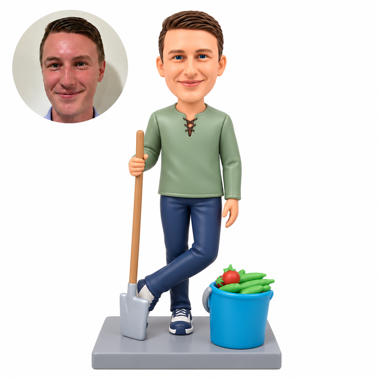 custom bobblehead figure male farmer with crossed legs leaning on a shovel beside a vegetable bucket