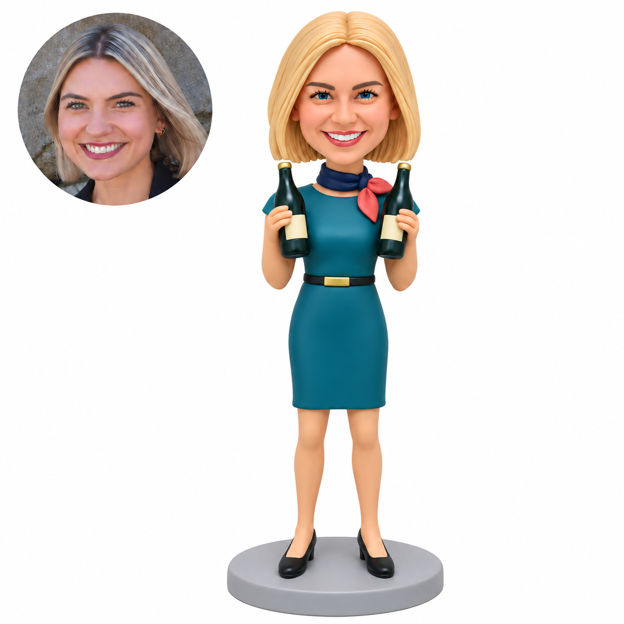 custom bobblehead figure female flight attendant in a belted dress holding two bottles