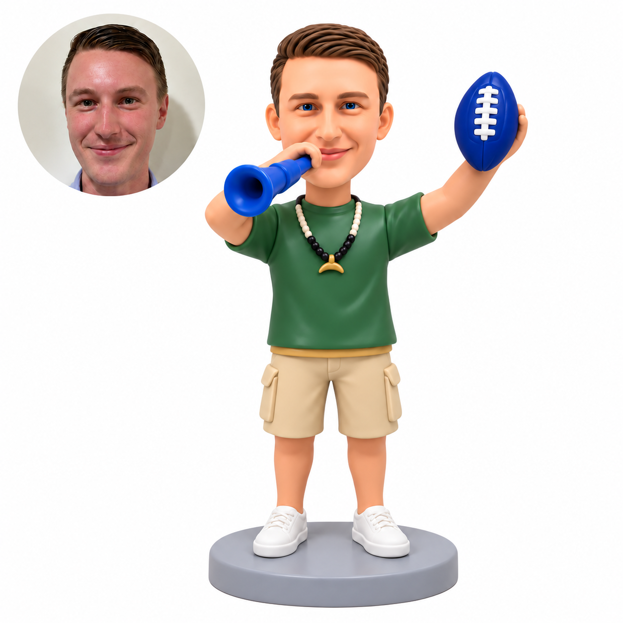 custom bobblehead figure male football fan sounding a horn and raising a ball