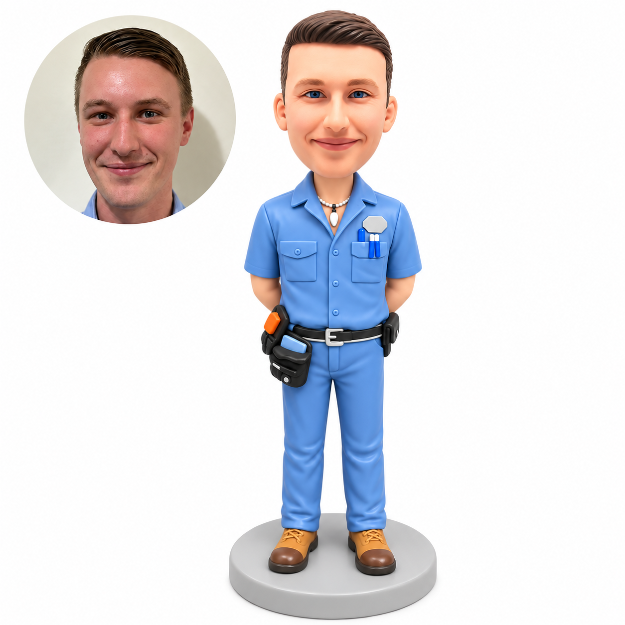 custom bobblehead figure male maintenance worker with both hands behind his back and a loaded tool belt