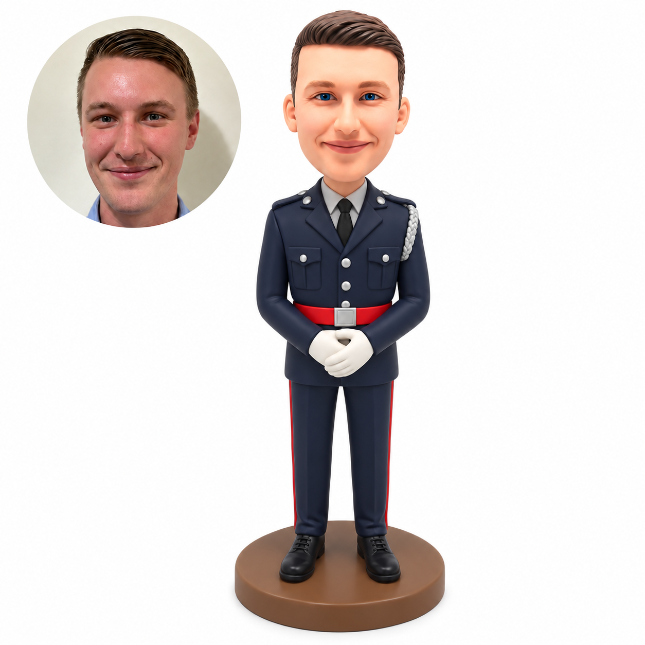 custom bobblehead figure male in a ceremonial police uniform with white gloved hands joined below his belt