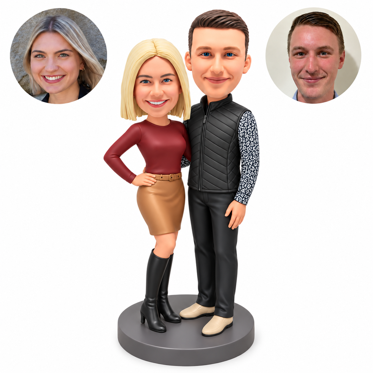 custom bobblehead figures couple in a quilted vest and knee skirt with her right hand on her hip