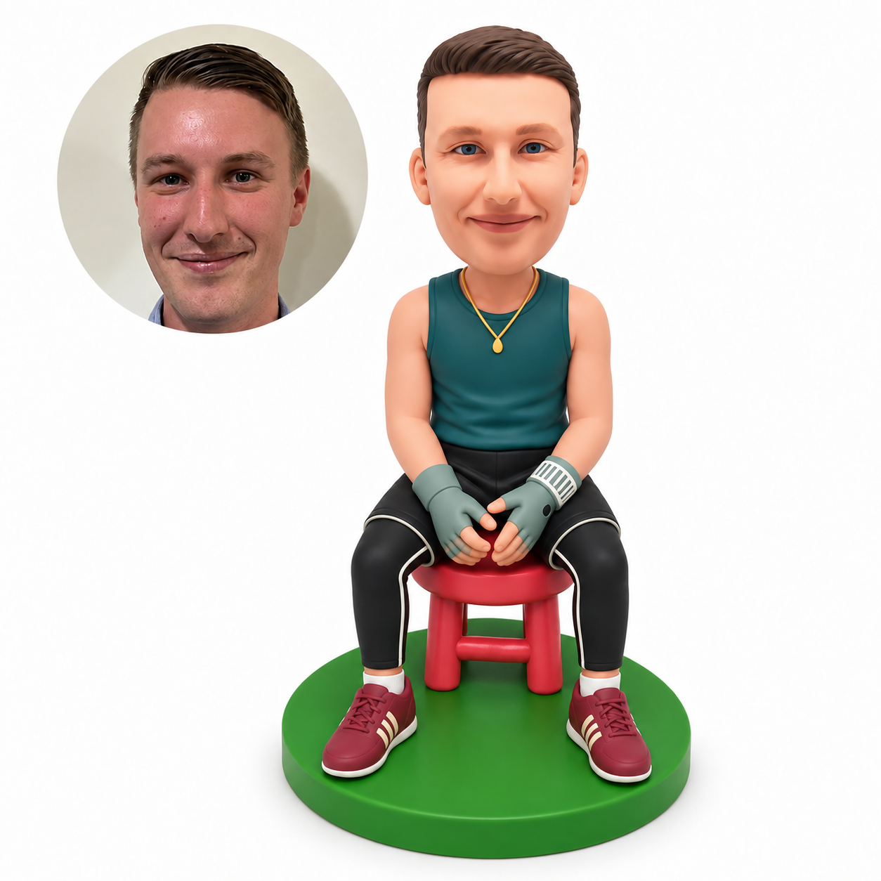 custom bobblehead figure male fitness enthusiast seated on a low stool wearing fingerless gloves