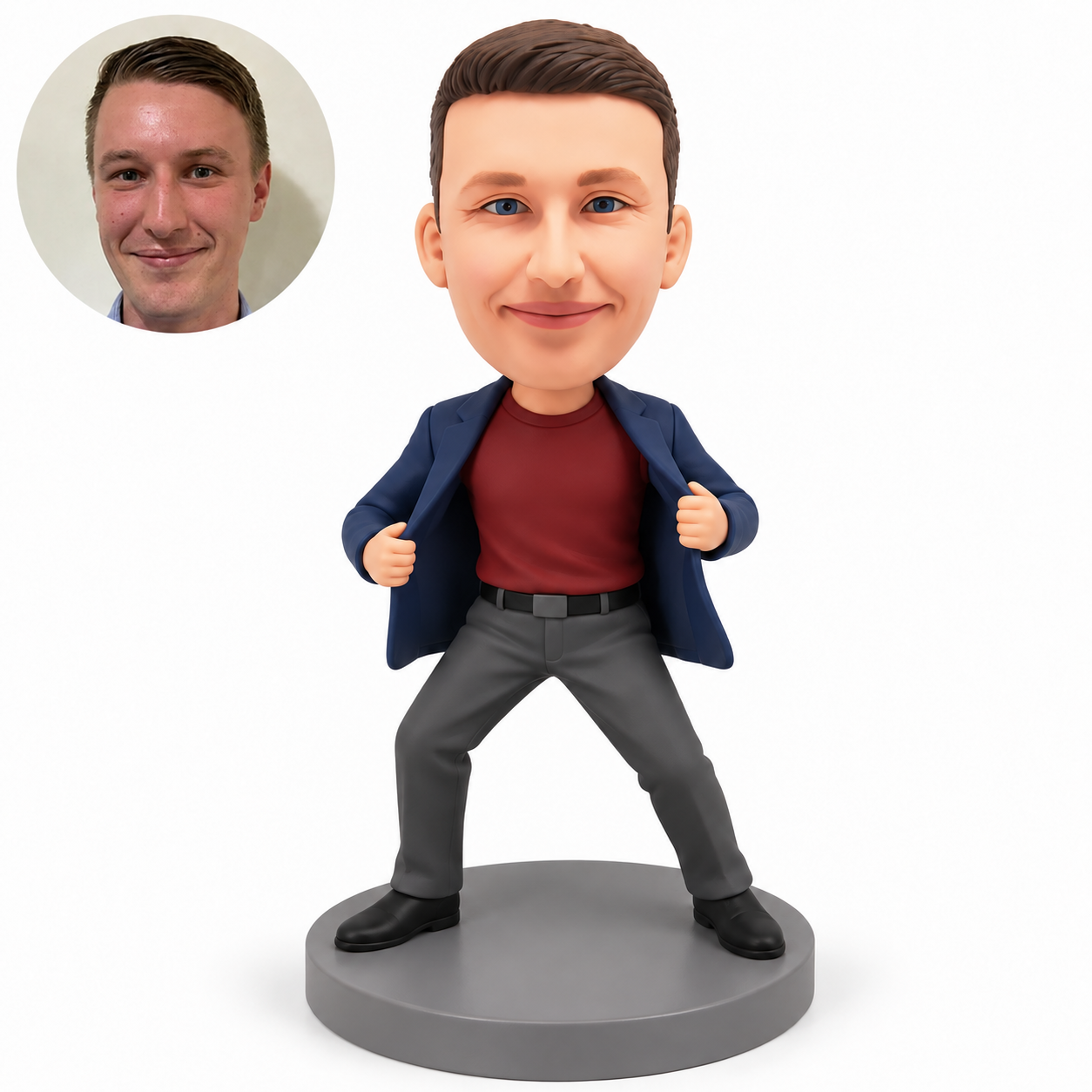 custom bobblehead figure male pulling his jacket open at the sides in a wide bent-knee stance