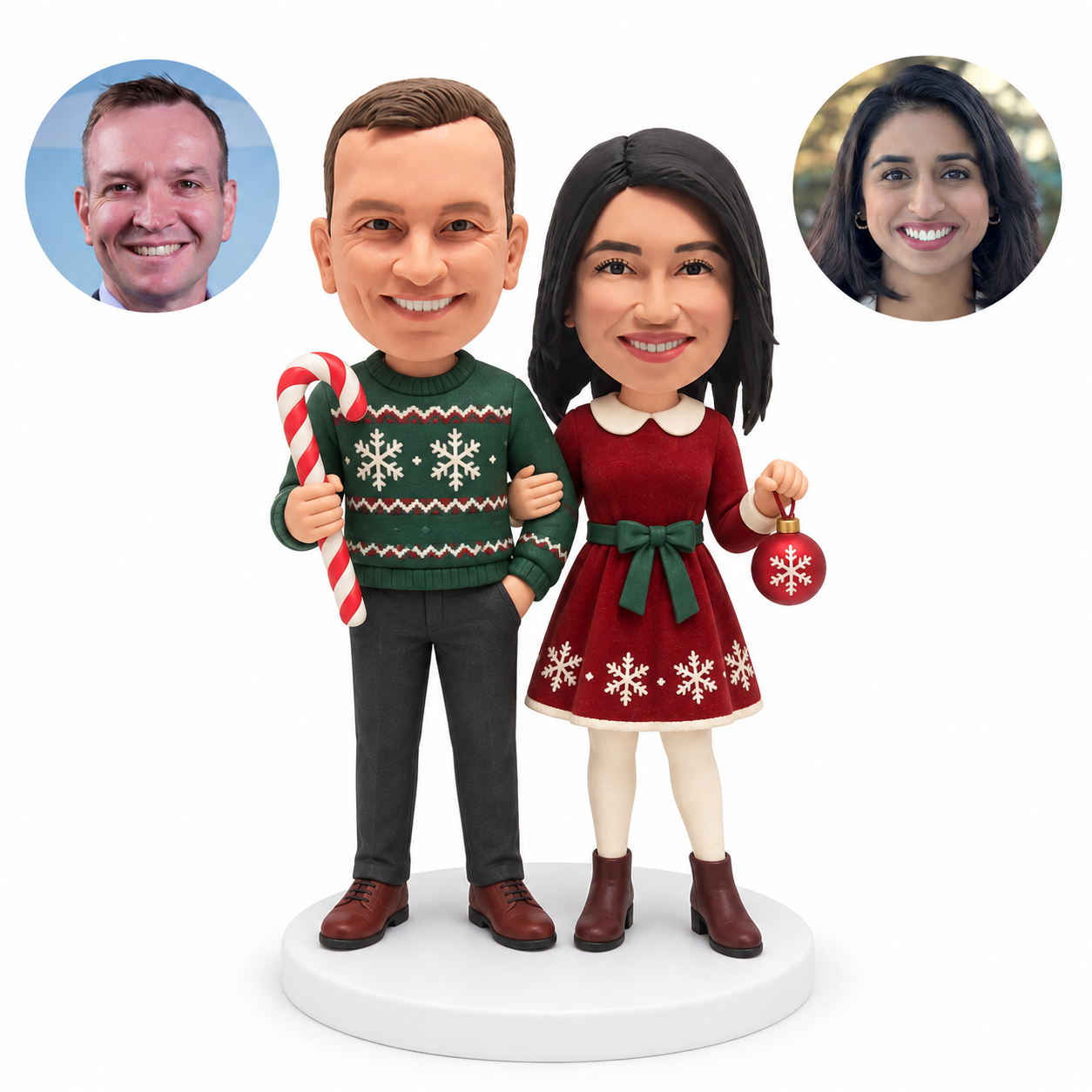 custom bobbleheads figures Christmas couple holding a candy cane and ornament