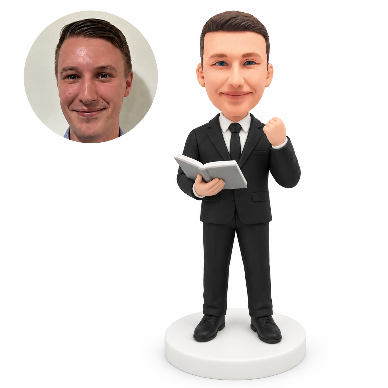 custom bobblehead figure wedding host holding a ceremony book with a raised hand