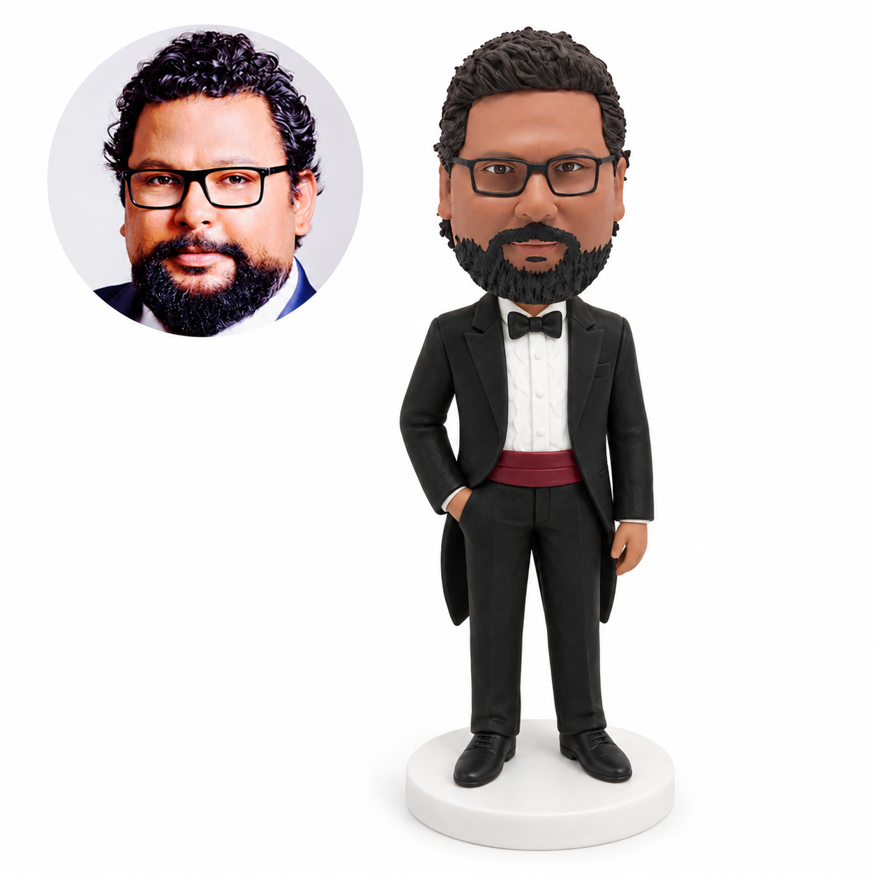 custom bobblehead figure groomsman in a black tailcoat with a burgundy cummerbund