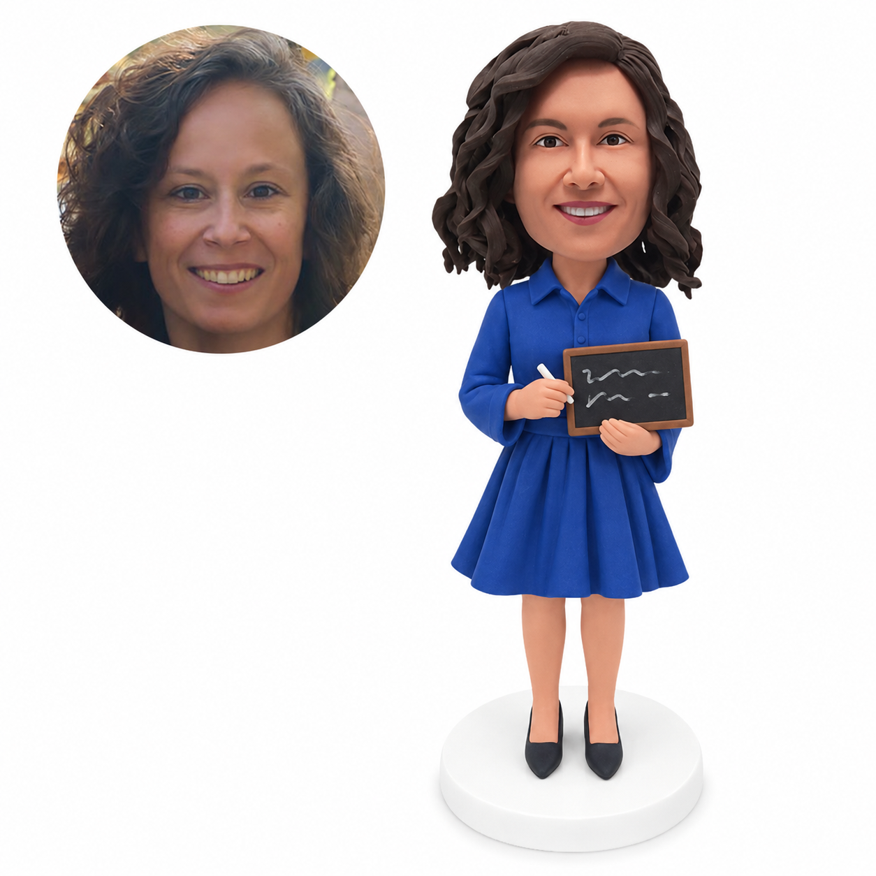 custom bobblehead figure female teacher in a shirt dress holding a chalkboard