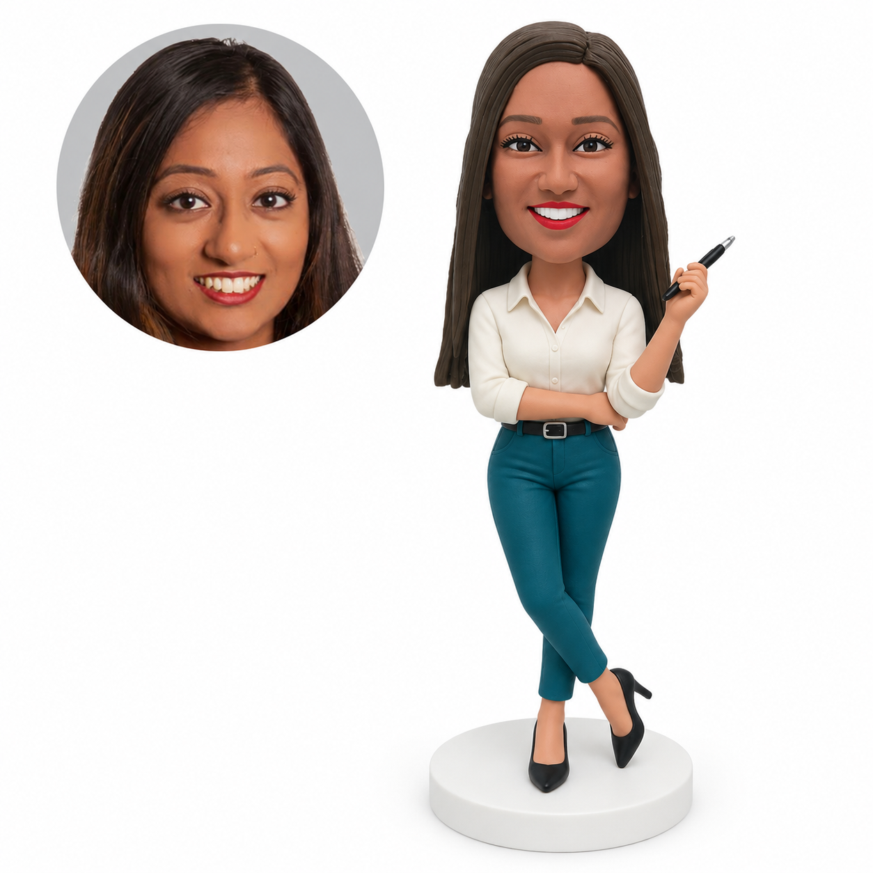 custom bobblehead figure businesswoman holding a pen with her opposite arm supporting the elbow