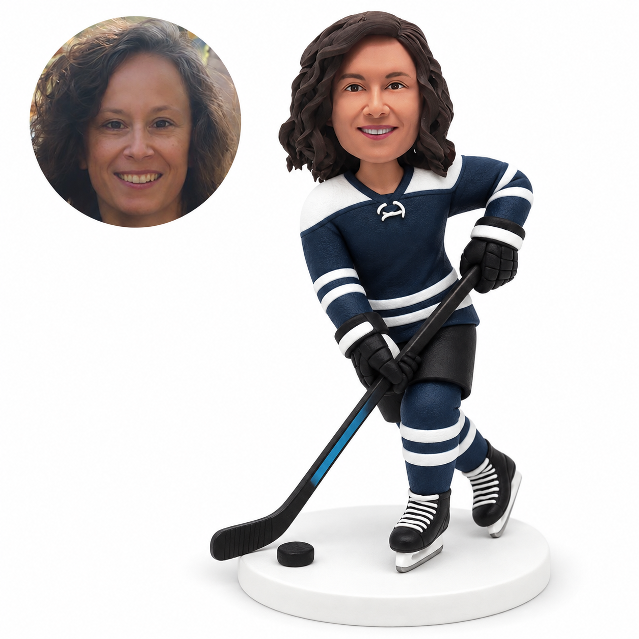 custom bobblehead figure female ice hockey player handling a stick with crossed skates