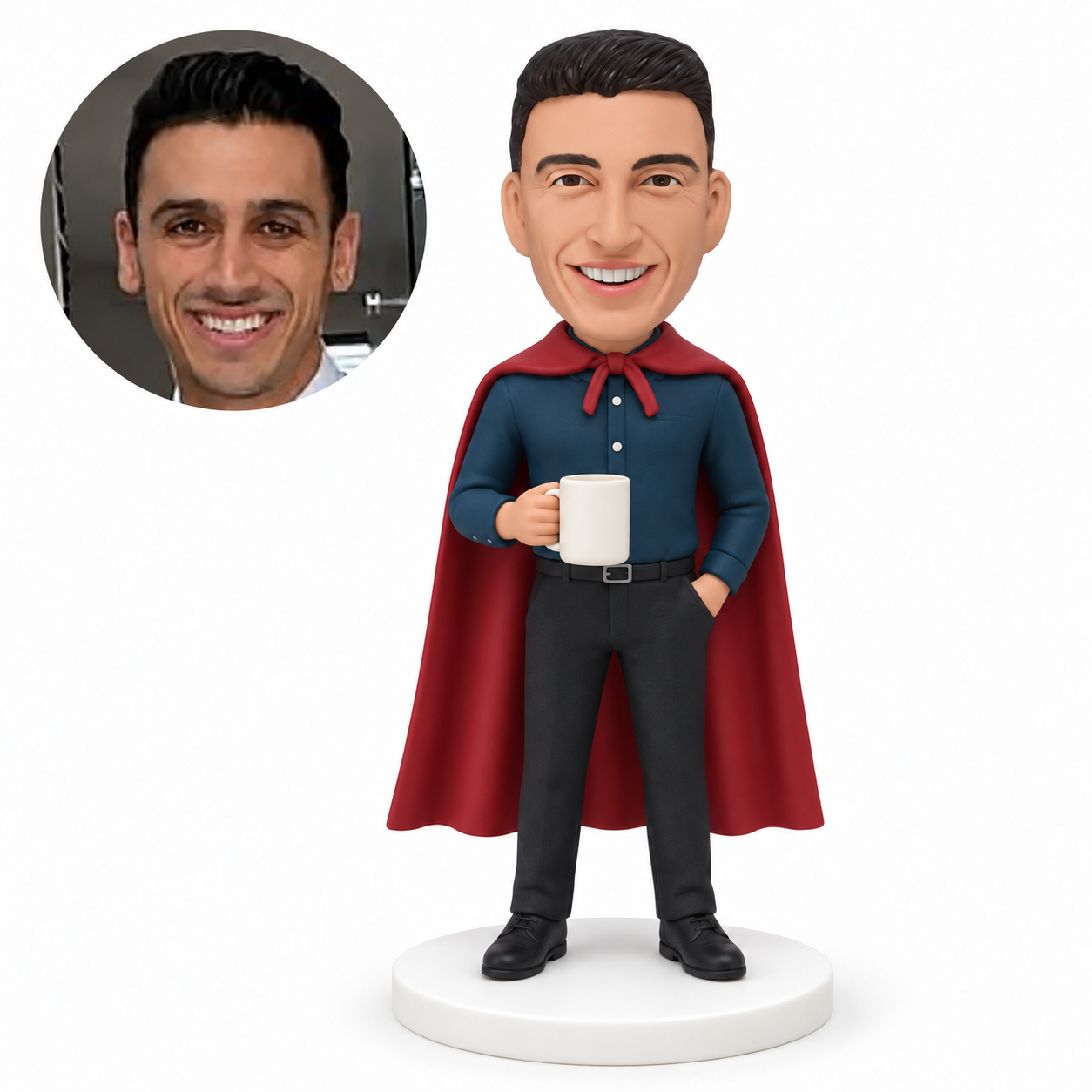 custom bobblehead figure man in a button shirt and cape holding a mug with one hand in his pocket