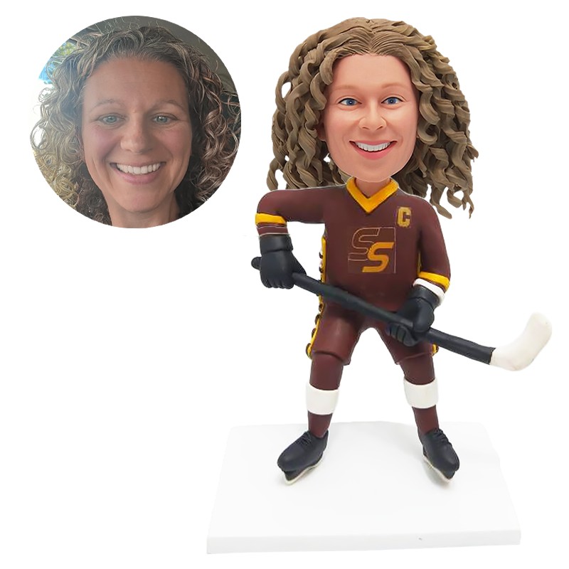 custom bobble head female hockey lover with a hockey stick