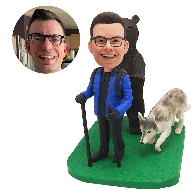 custom bobble head hiking man with a wolf and a bear