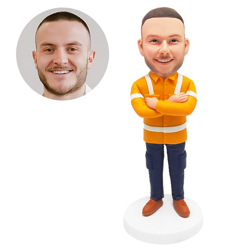 custom made bobblehead male worker with crossed arms on chest