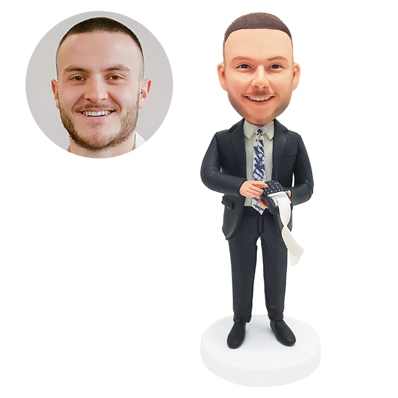 custom bobblehead figure salesman holding a cash register