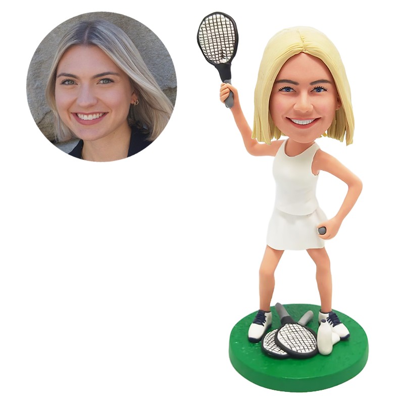 custom made bobblehead woman holding the tennis racket