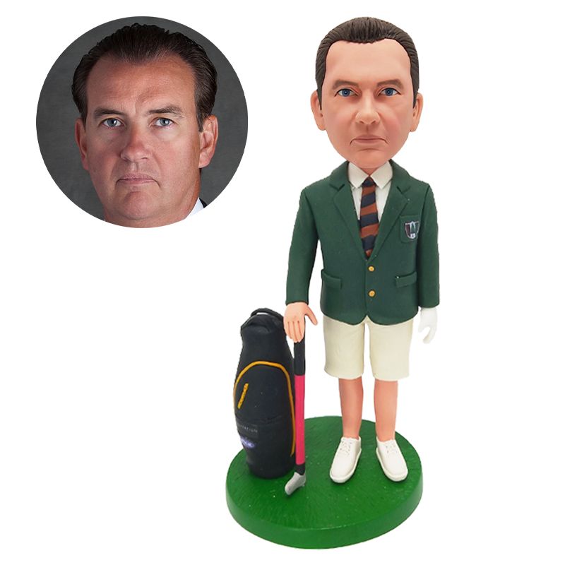 custom made bobblehead male golfer with a golf bag holding a golf club