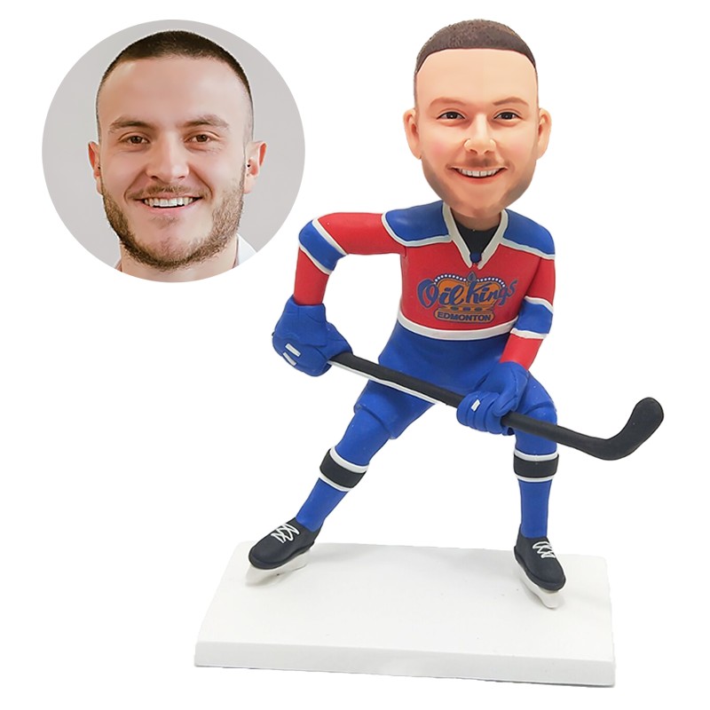 custom bobblehead man holding a hockey stick