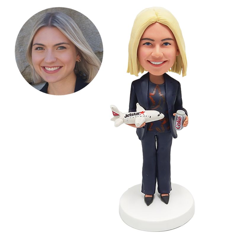 bobblehead custom casual lady holding a plane and a drink