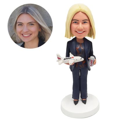 bobblehead custom casual lady holding a plane and a drink
