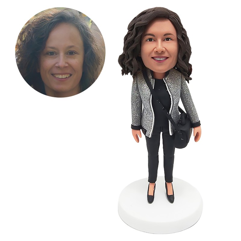custom made bobblehead casual woman holding a bag