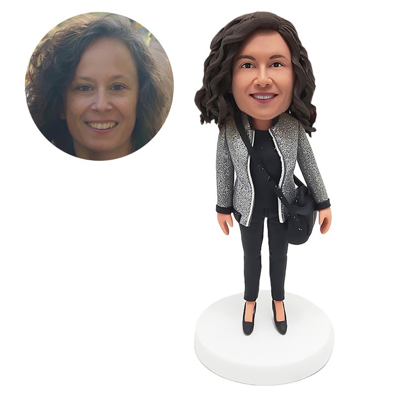 custom made bobblehead casual woman holding a bag