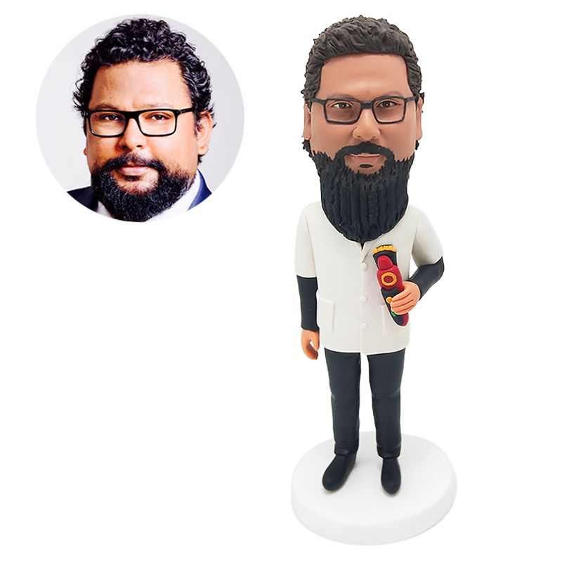 custom bobblehead figurine male barber holding a beard shaver
