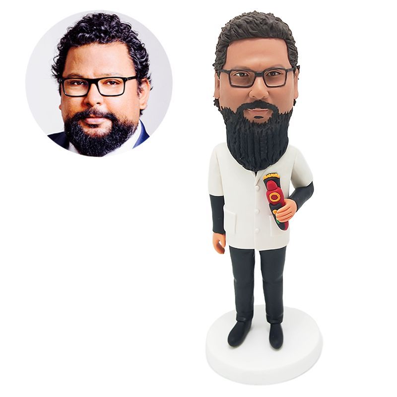 custom bobblehead figurine male barber holding a beard shaver