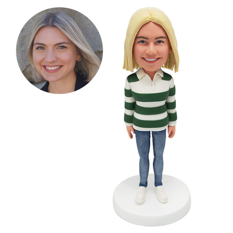 personalized bobblehead woman in striped shirt