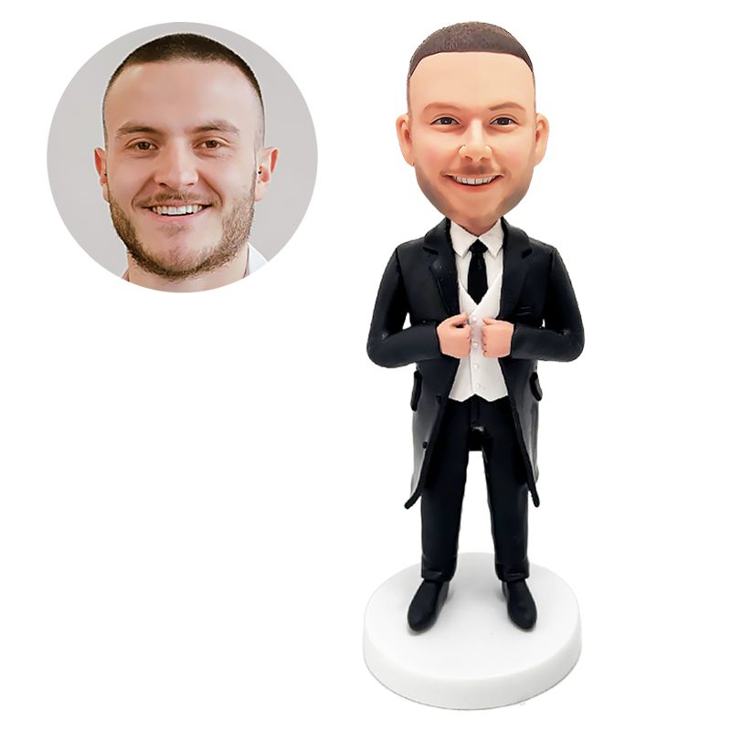 bobblehead custom business man tidying his shirt