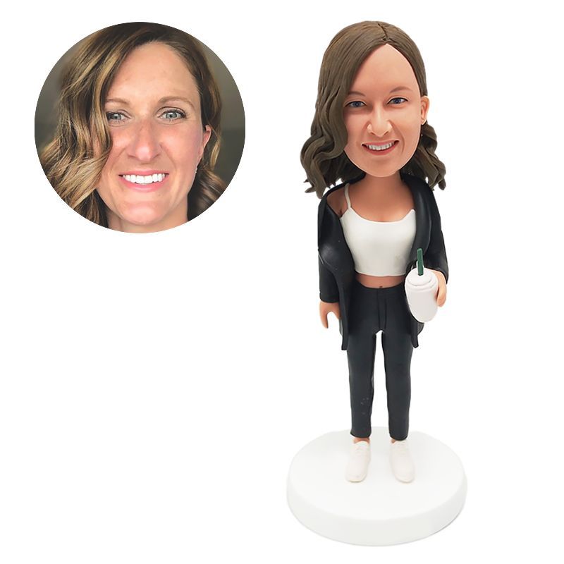 custom bobblehead figurine casual lady holding a drink