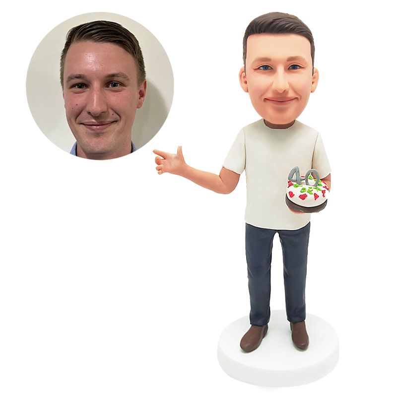custom bobblehead figurine man holding a cake celebrate his fortieth birthday