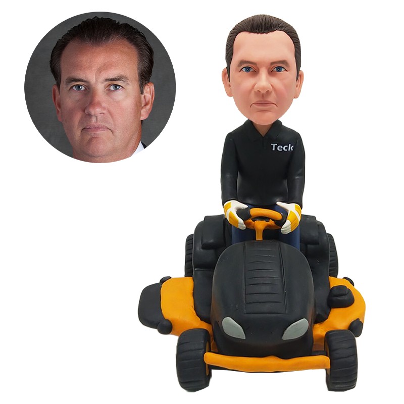 personalised bobble head man riding a race car