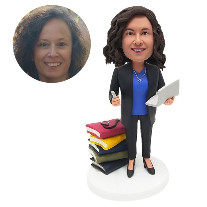 personalized bobblehead teacher with pile of books