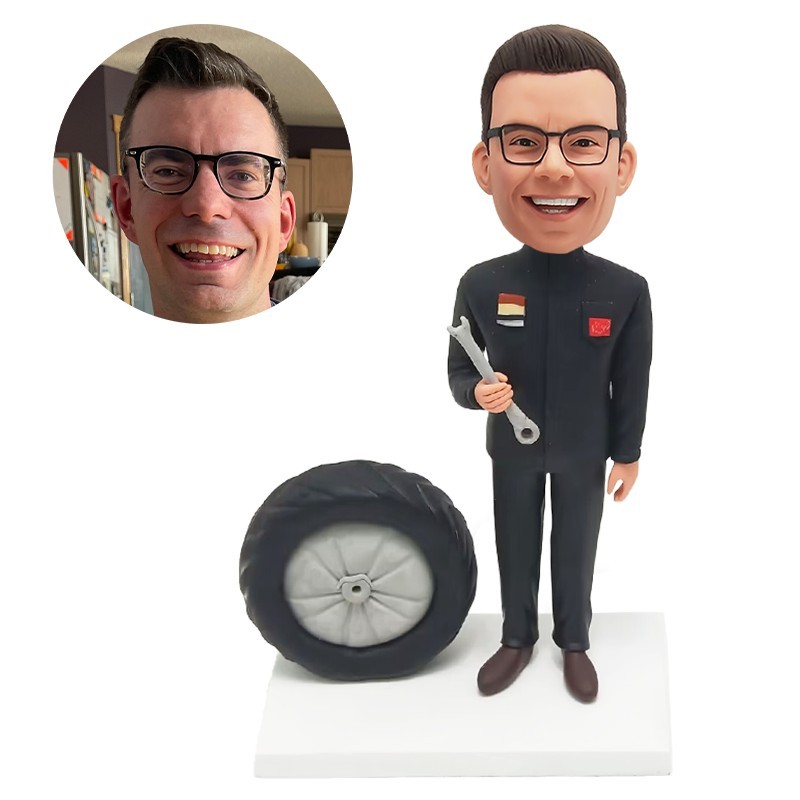 custom made bobblehead tire repair man mechanic with a tool
