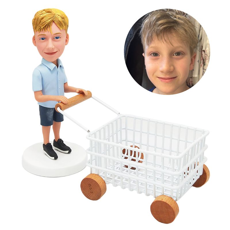custom bobblehead casual kid holding a shopping cart