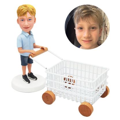 custom bobblehead casual kid holding a shopping cart