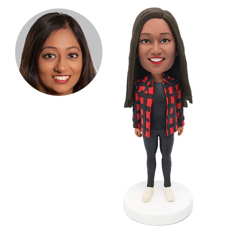 custom made bobblehead casual lady in plaid shirt