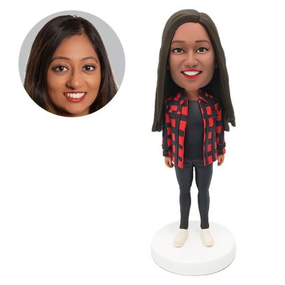custom made bobblehead casual lady in plaid shirt
