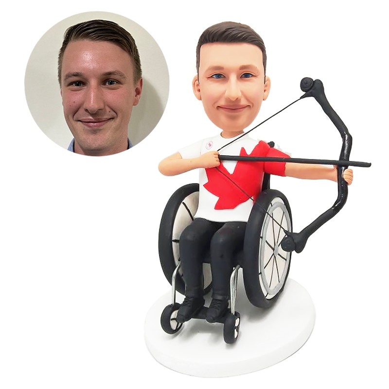 bobblehead custom casual man sitting on the wheel with an archer