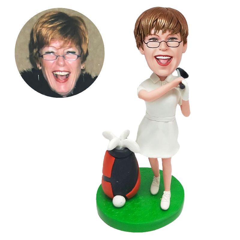 custom bobblehead figure female golfer with a golf bag holding a golf club
