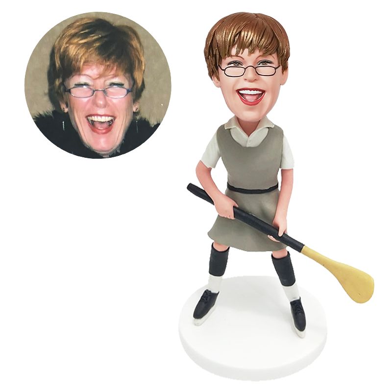 bobble head figurine female hockey lover with a hockey stick