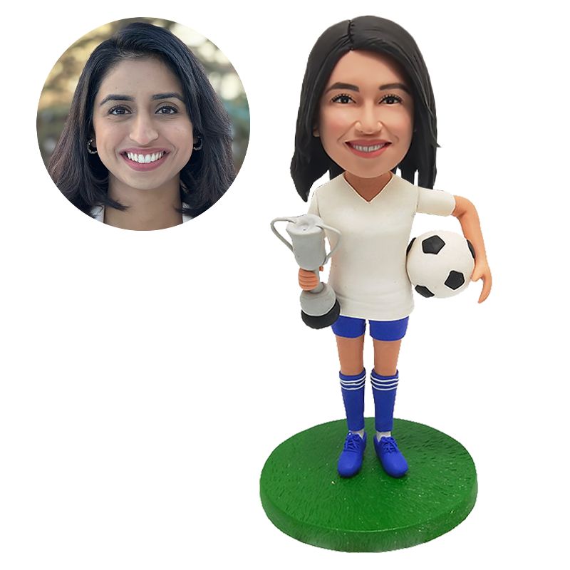 custom bobblehead female soccer player with a trophy holding a soccer