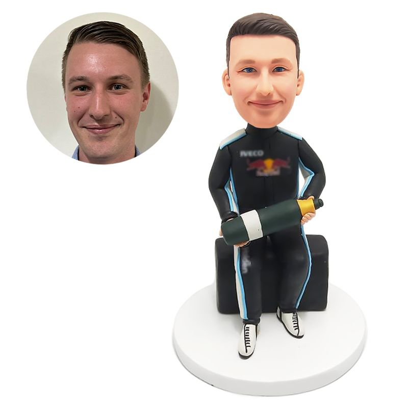 personalised bobble head racer holding a bottle of beer
