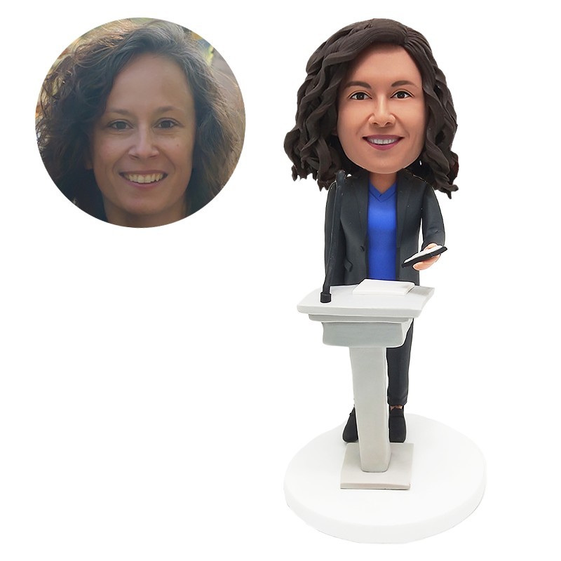 personalised bobble head teacher making a speech in rostrum
