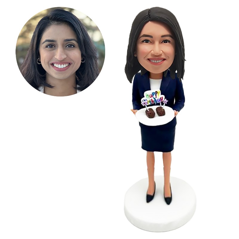 bobblehead custom woman holding a cake celebrate birthday