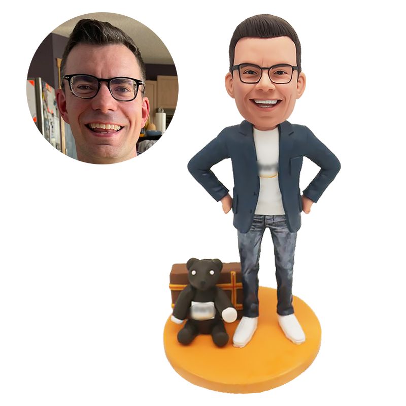 custom made bobblehead man with hands on the hip with a beer and a box